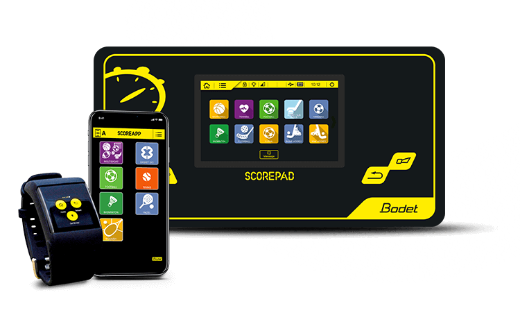 Bodet Scorepad med Scoreapp på mobil og klokke