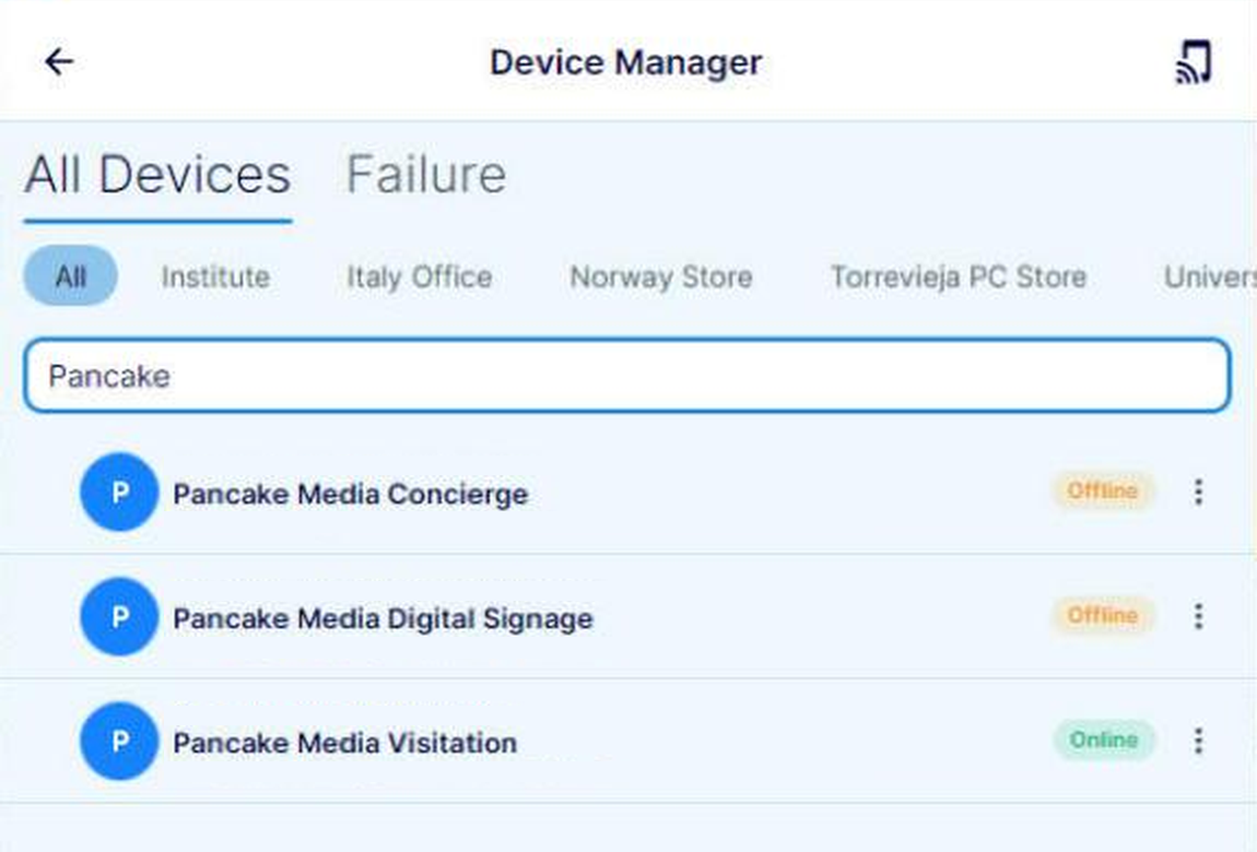 Device manager i Pancake App med Concierge-, Digital Signage- og Visitation-enheter og statusen deres