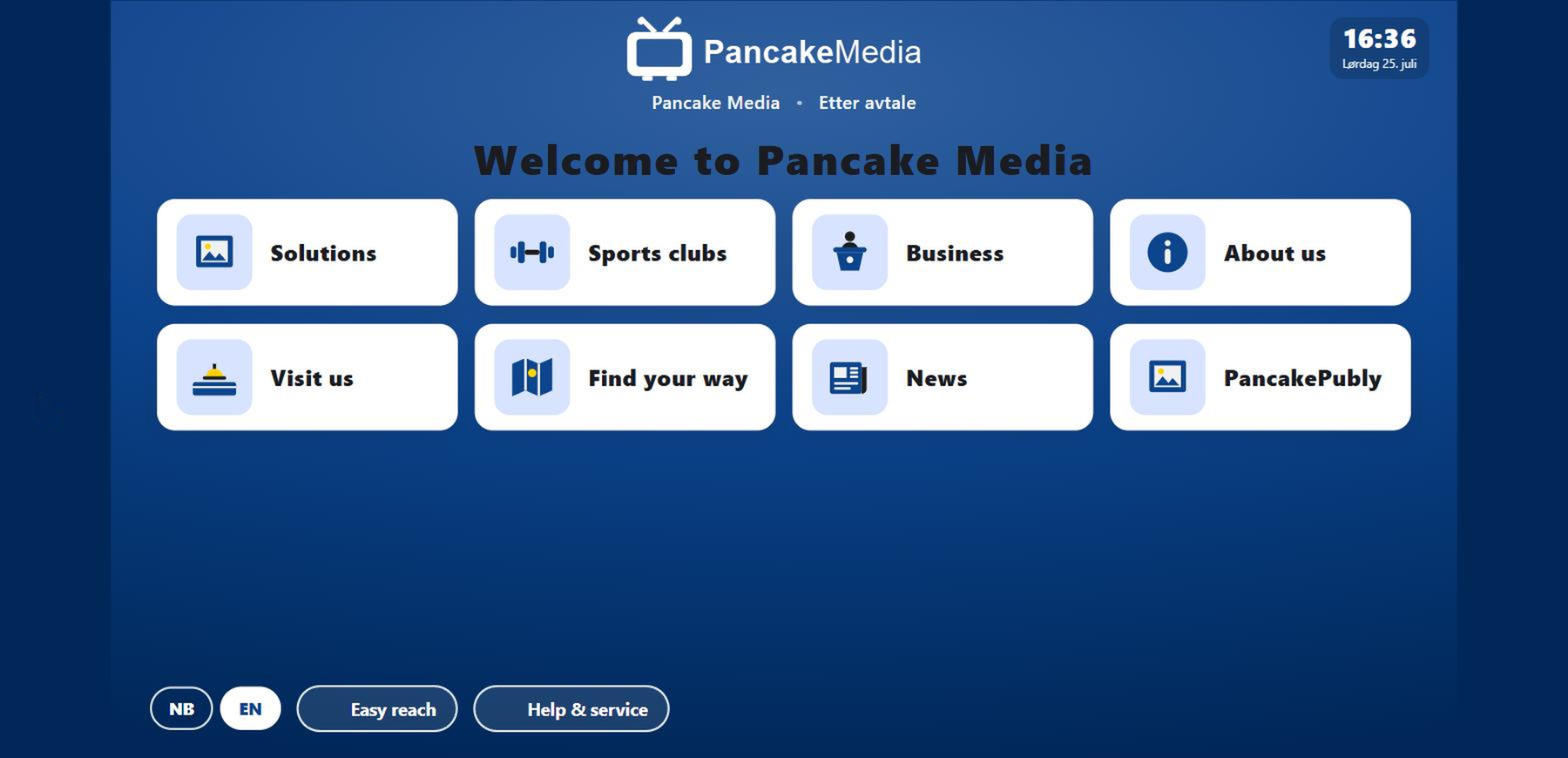 Concierge-kiosk med startsiden til Pancake Media
