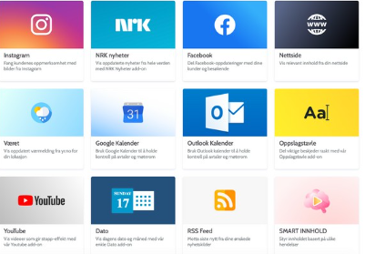 Appene i PancakePubly, blant annet Instagram, NRK nyheter, Facebook, Været, Google Kalender og YouTube