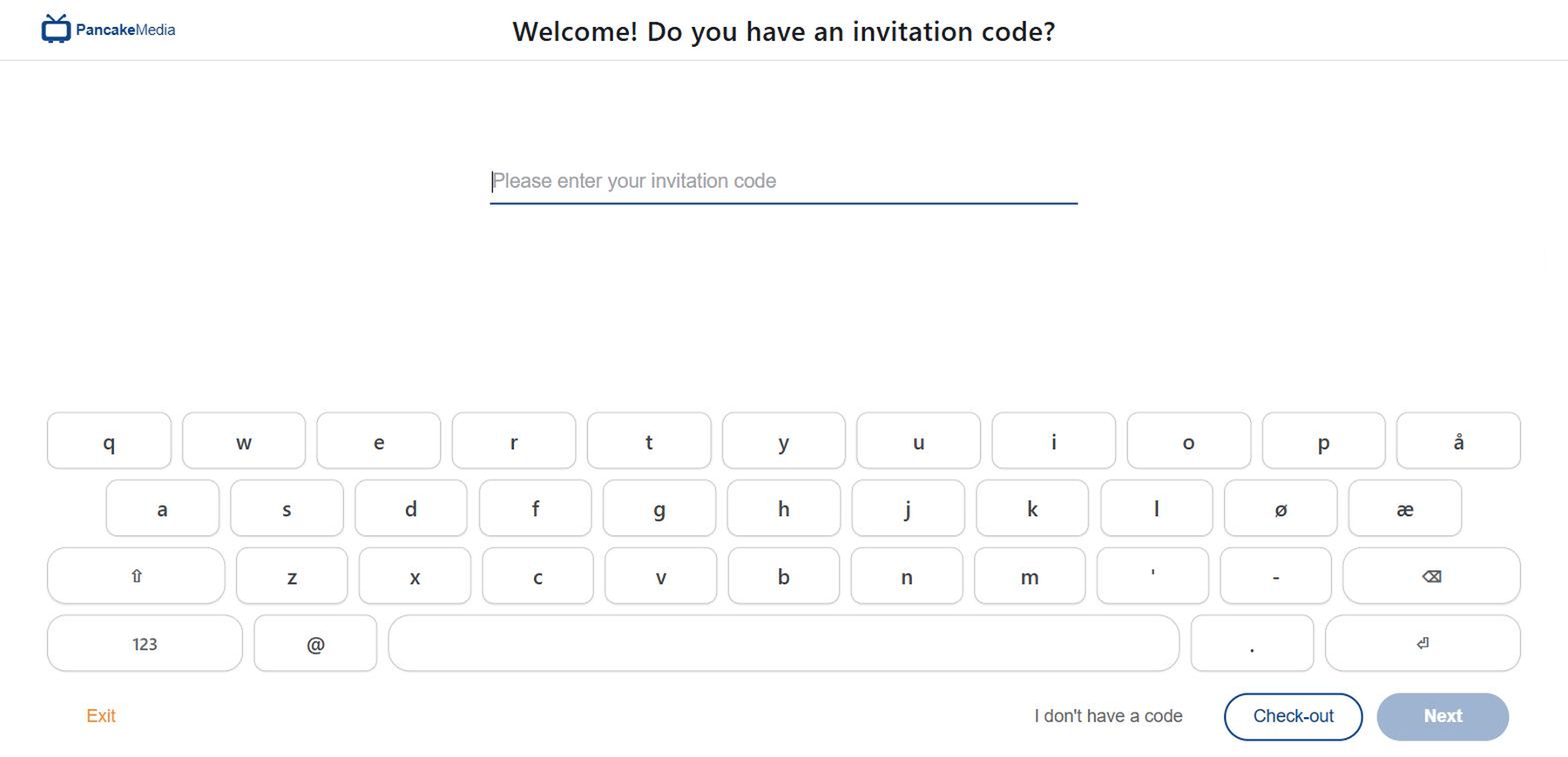 Velkomstskjermen: inviterte gjester taster koden, alle andre trykker «I don't have a code»